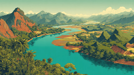 Stylized landscape of Mekong River showcasing vibrant colors and lush vegetation, surrounded by mountains and hills, evoking sense of tranquility and natural beauty