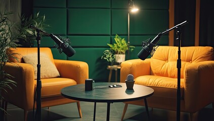 Cozy podcast studio with two armchairs and microphones