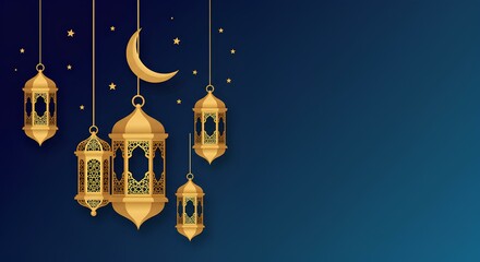 Elegant golden lanterns and crescent moon on a dark blue background