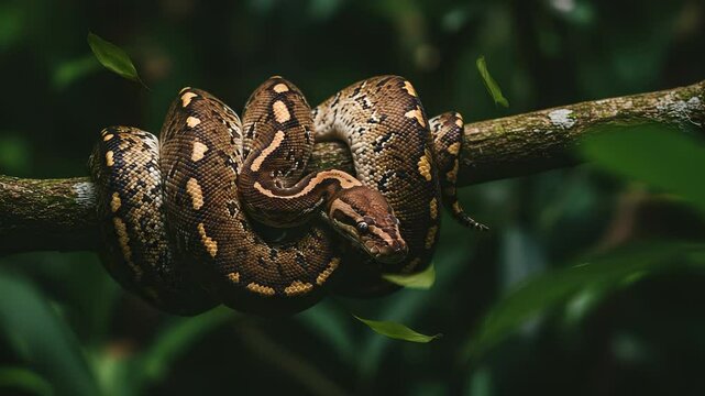 Majestic Royal Python Coiled on a Branch in its Natural Habitat, Surrounded by Foliage