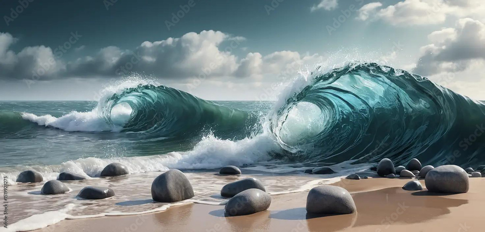 Fototapete Surreal tech-waves breaking on a shore made of binary stones.
