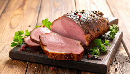 Beautifully cooked piece of smoked meat, sliced and presented on wooden board, garnished with fresh herbs, evokes sense of warmth and comfort