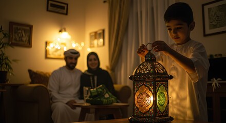 Obraz premium Family Celebrating Ramadan at Home with a Beautiful Lantern