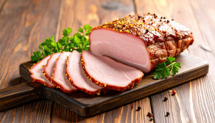 Sliced pieces of traditional smoked meat rest on wooden cutting board, garnished with fresh herbs, showcasing rich, savory texture and flavor that invites indulgence