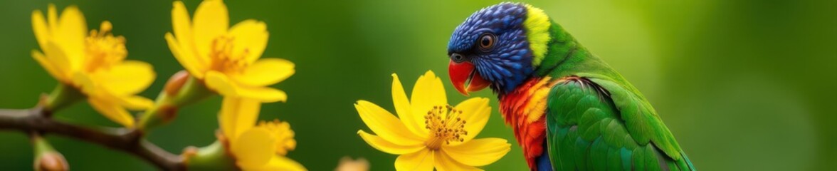 Fototapeta premium Rainbow Lorikeet feeding on Golden Penda nectar , rainbow, tree