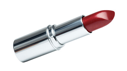 a red lipstick with a silver tube on a white background