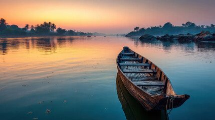 Traditional wooden boat floats serenely on calm waters of Mekong River at sunrise, surrounded by lush greenery and rocky formations, creating tranquil and picturesque scene