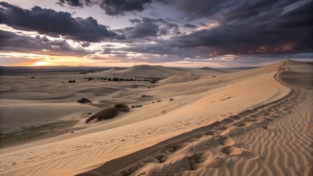 Sunset Over Sand Dunes Dramatic Desert Landscape