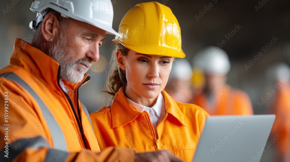 Poster engineers collaborating on project planning in a construction site with safety gear during daylight 