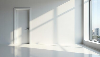 Sleek white wall in corporate office entryway, CEO's door unseen, photo, building interior, workspace