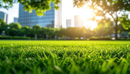 Lush Green Lawn, Blades Illuminated, Sun-Kissed Scene in the City's Embrace