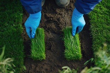 Naklejka premium Gardener planting sod