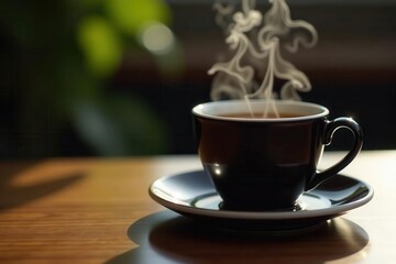 Steaming black tea in dark mug, glossy surface , tea, beverage, brown