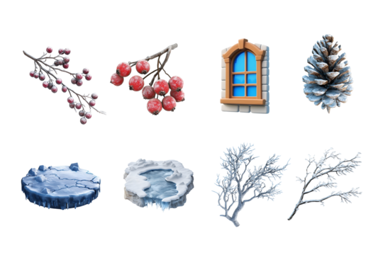 This collection showcases diverse winter elements including berries, pine cones, icy textures, and a charming window, perfect for seasonal designs and nature-themed projects.