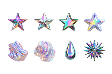 A collection of colorful, iridescent shapes including stars, drops, and abstract forms, perfect for creative projects and digital designs. Ideal for unique backgrounds or accents.