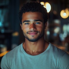 Handsome young man with blue eyes and smiling expression portrait style close up