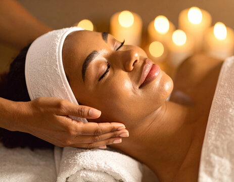 Young woman face is illuminated by warm glow of candles as she enjoys relaxing facial treatment. soothing atmosphere enhances her serene expression, creating peaceful moment of self care