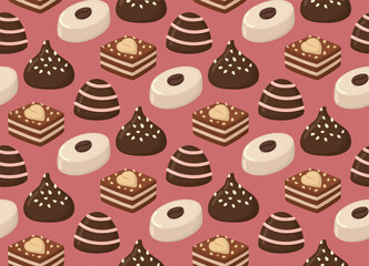Seamless background of chocolate candies. Pattern with hand drawn treats
