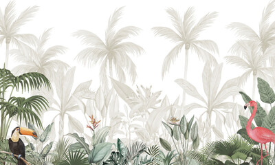 Exotic Birds Wall Mural: Colorful Toucan & Flamingo in Vibrant Tropical Forest © csinie1