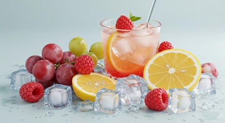 Fruit drink with raspberry, lemon, grape and ice cubes
