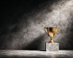 Golden trophy cup illuminated on a gray marble pedestal against a textured dark wall, symbolizing success, triumph, and achievement—ai generative.