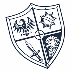 Heraldic Shield with Eagle Sun Sword and Lion Head Vector Illustration