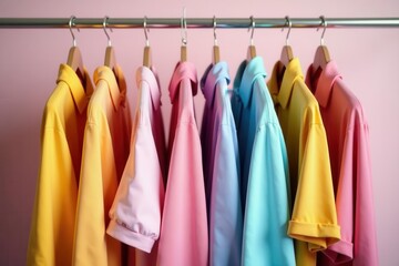 Vibrant pastel garments neatly hung on a stylish clothing rack , clothing display, pastel