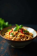 Vibrant veggie Pad Thai with udon noodles, dark backdrop , noodles, foodblogger