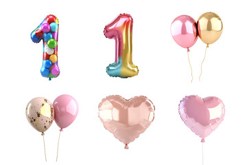 A vibrant collection of colorful balloons featuring a number one and a heart shape