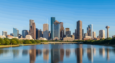 Fototapeta premium Houston Skyline Reflecting in Calm Water Under a Clear Blue Sky