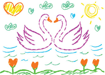 Obraz premium A vector illustration of spring flowers and a cute cartoon swan swimming in nature's heart