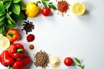 Vibrant vegetables & spices ready for cooking White table, overhead shot , healthy, still life