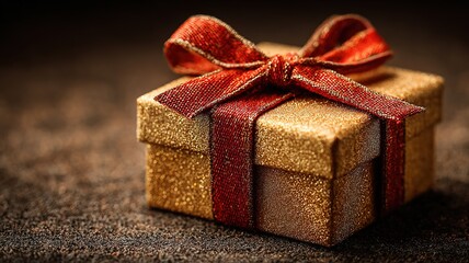 Golden gift box with red ribbon bow on velvet, evoking luxury and celebration