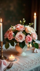 Vintage-inspired table with blush roses & flickering candles Delicate lace accents , party, wedding table