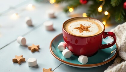 Warm beverage with marshmallows; wood accents, Christmas lights, knitwear on white backdrop , christmas decor, winter