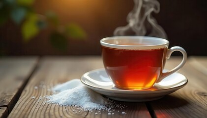 Warm tea brewing in ceramic cup, sugar on wood , background, steaming, still life