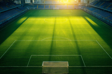 Aerial view of an empty professional soccer field bathed in golden hour sunlight, long shadows stretching across the vibrant green turf—ai generative.