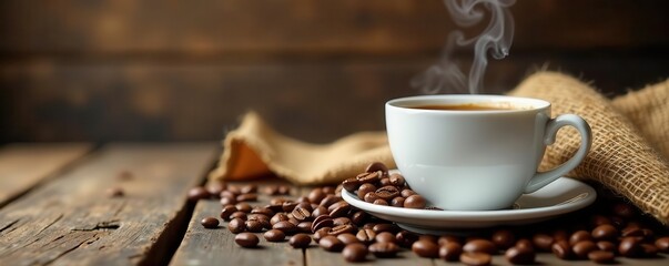 White coffee cup, rich steam, scattered beans, weathered wood, burlap backdrop , beverage, vintage
