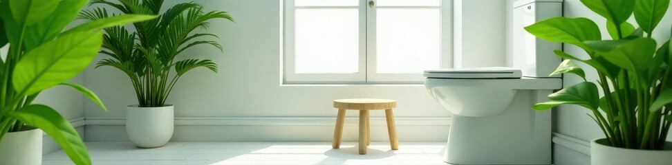 White commode stool, lush green plants in bright room, potted plants, tranquil, elegant