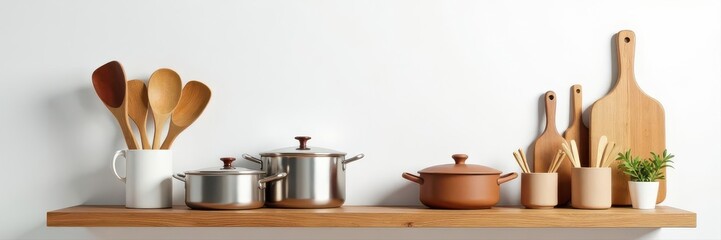 Wooden shelf with assorted kitchen utensils and cookware against a white wall , pan, shelf, storage