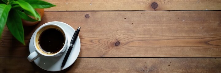 Wooden desk, coffee, pen, plant Flat lay, top view , brown, simple, view
