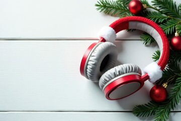 White wooden background, cozy Xmas headphones, copy space , december, festive