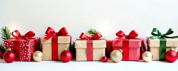 Wrapped gifts & ornaments in festive row, white background, row, still life