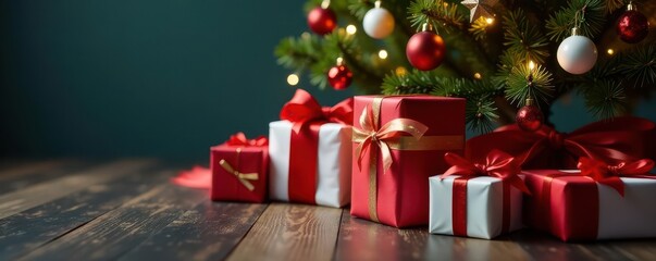Wrapped presents beneath decorated Christmas tree, winter, ribbon