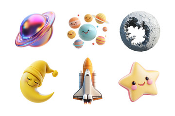 A colorful collection of whimsical space elements including planets, stars, a rocket, and a smiling moon. Perfect for educational content, children's media, and creative projects.