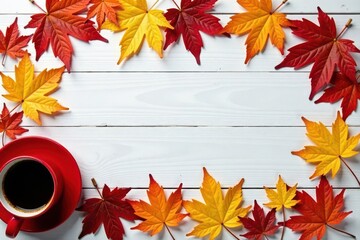 Autumn leaves frame red coffee cup on white wood table , leaves, top view, blank