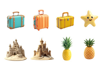 A vibrant collection of colorful suitcases, a cheerful star, and tropical pineapples alongside whimsical sandcastles, perfect for travel and adventure themes.