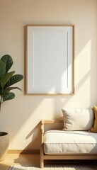 Beige wall, framed poster, minimalist living room, artwork, contemporary, wall art