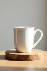 Blank white mug on wooden stand, clean background, item, tableware