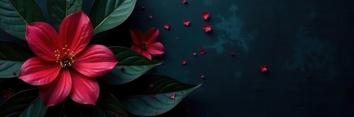 Black leaf backdrop showcases striking floral centerpiece , flowers, bold